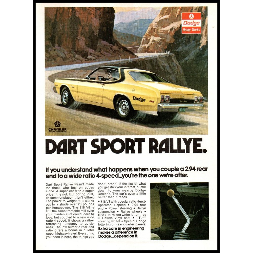 1974 Dodge Dart Sport Rallye Vintage Print Ad Windy Mountain Road Drawing Art